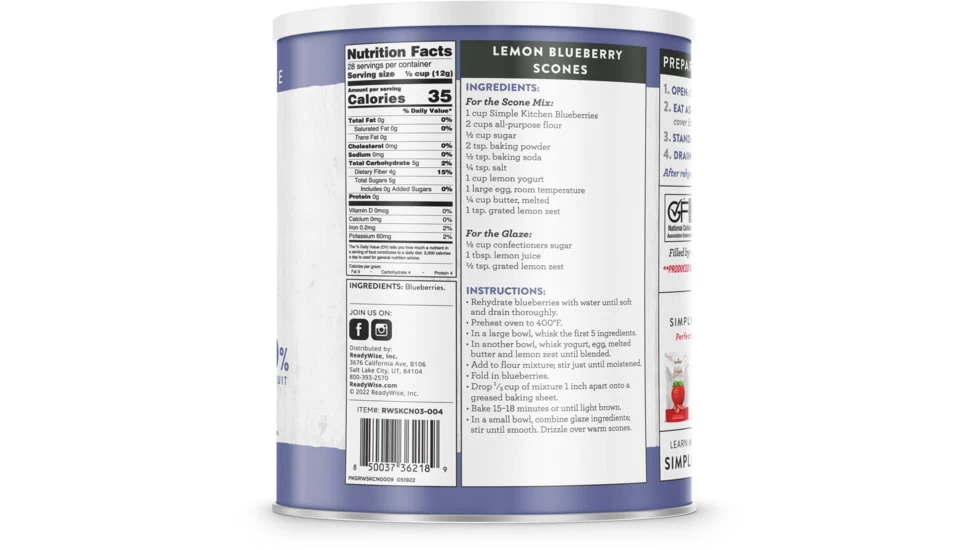 ReadyWise Simple Kitchen Freeze-Dried Whole Blueberries - 28 Serving Can 4 ReadyWise Simple Kitchen Freeze-Dried Whole Blueberries - 28 Serving Can - Image 2